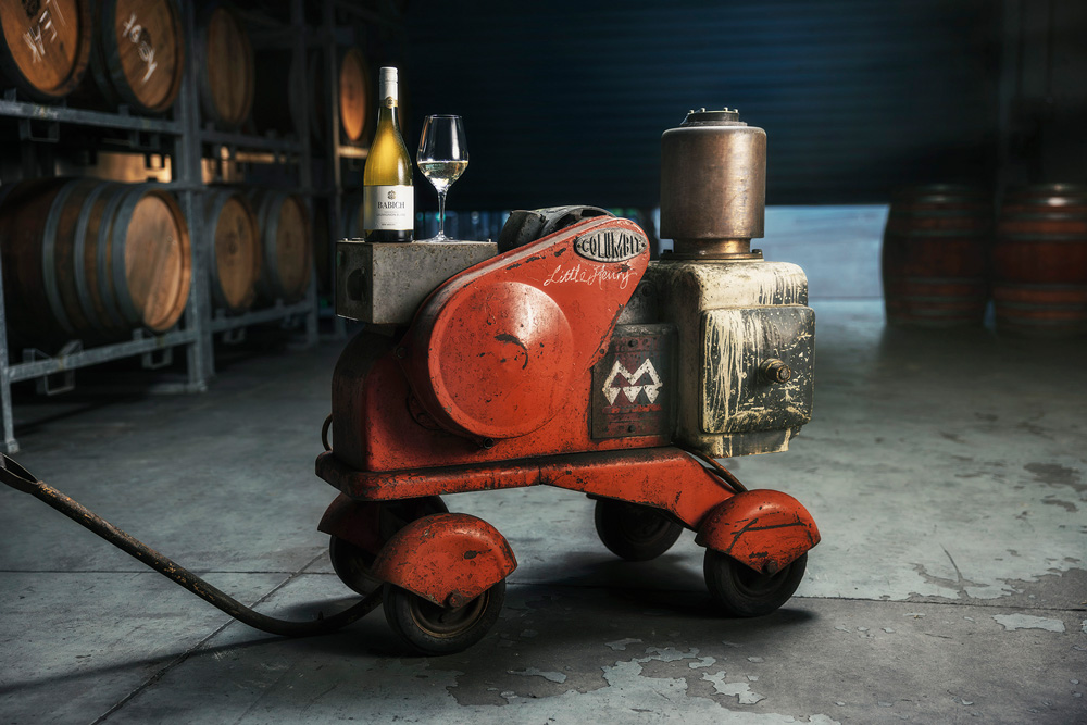 Babich Sauvignon Blanc bottle and wine glass displayed on a vintage red machine inside a winery cellar, with barrels stacked in the background.